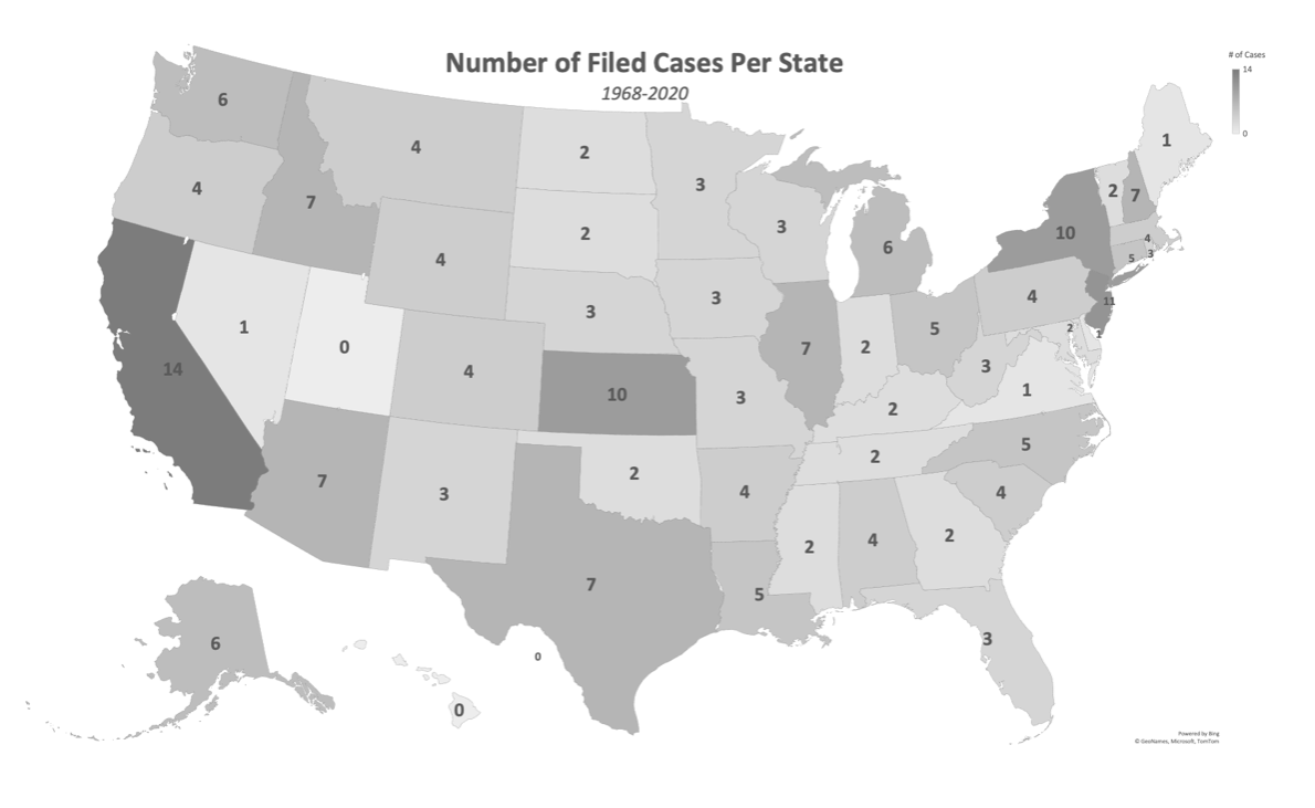 Number of court cases by state, 1968–2020